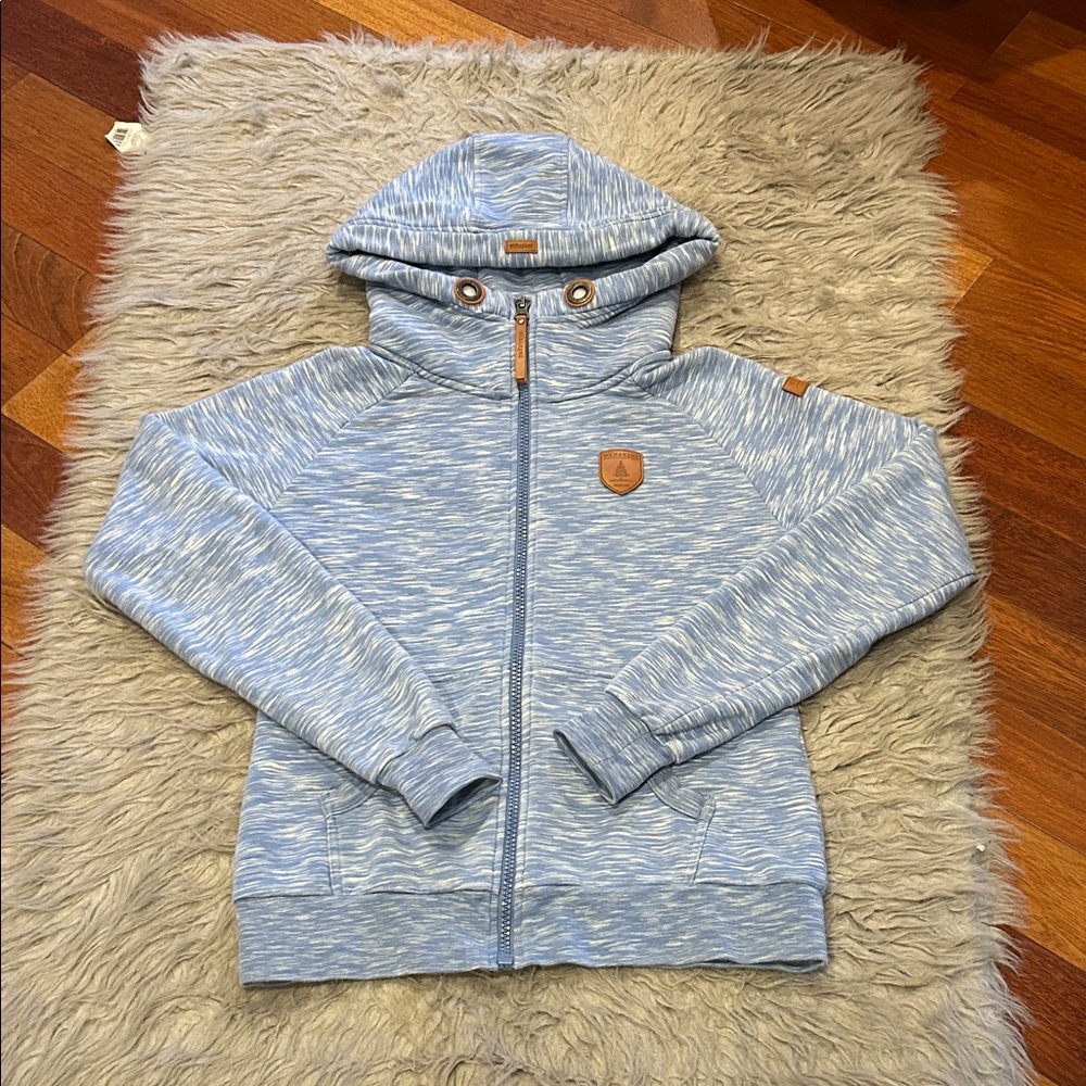 Wanakome Women’s  Blue And White Cotton Zip‎ Up Hooded Sweatshirt